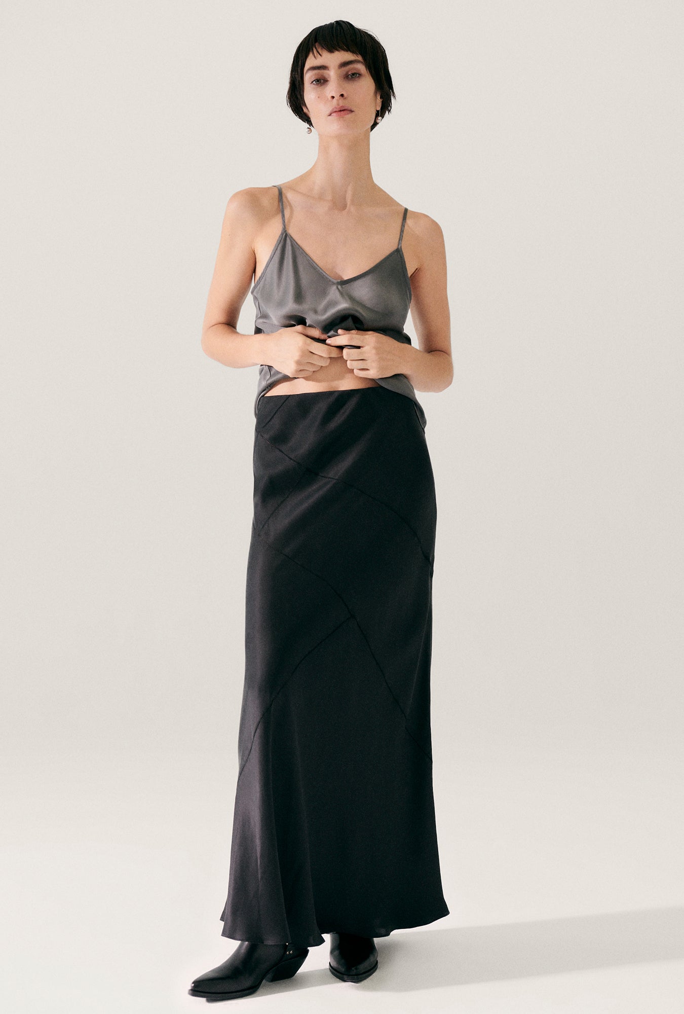 Splice Long Bias Cut Skirt Black