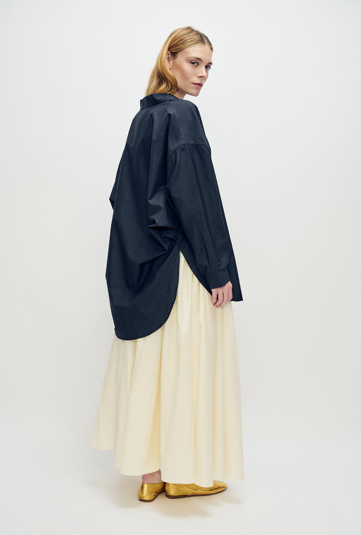 Cotton Silk Round Shirt Black