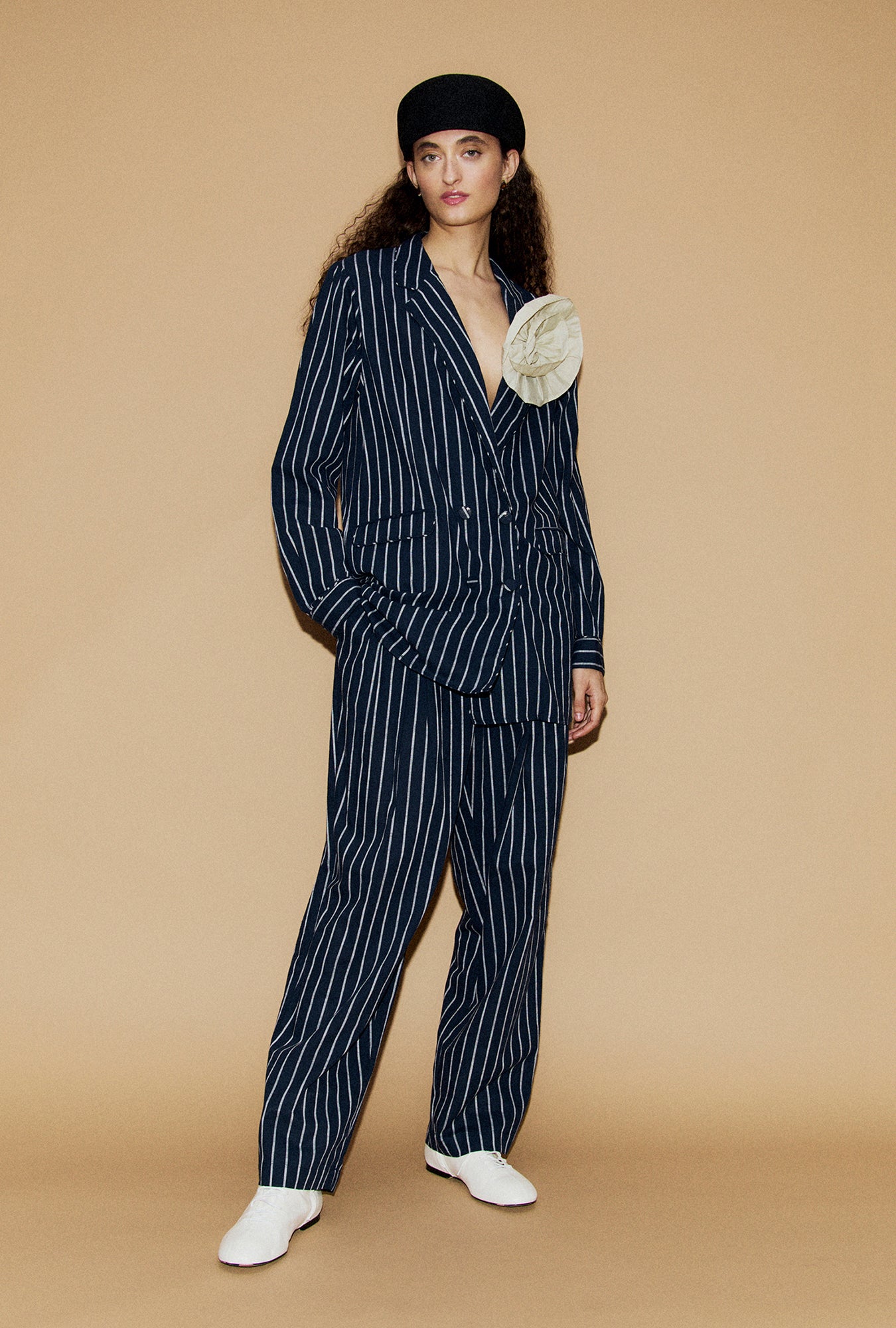 Cotton Slouch Pants Egret Stripe