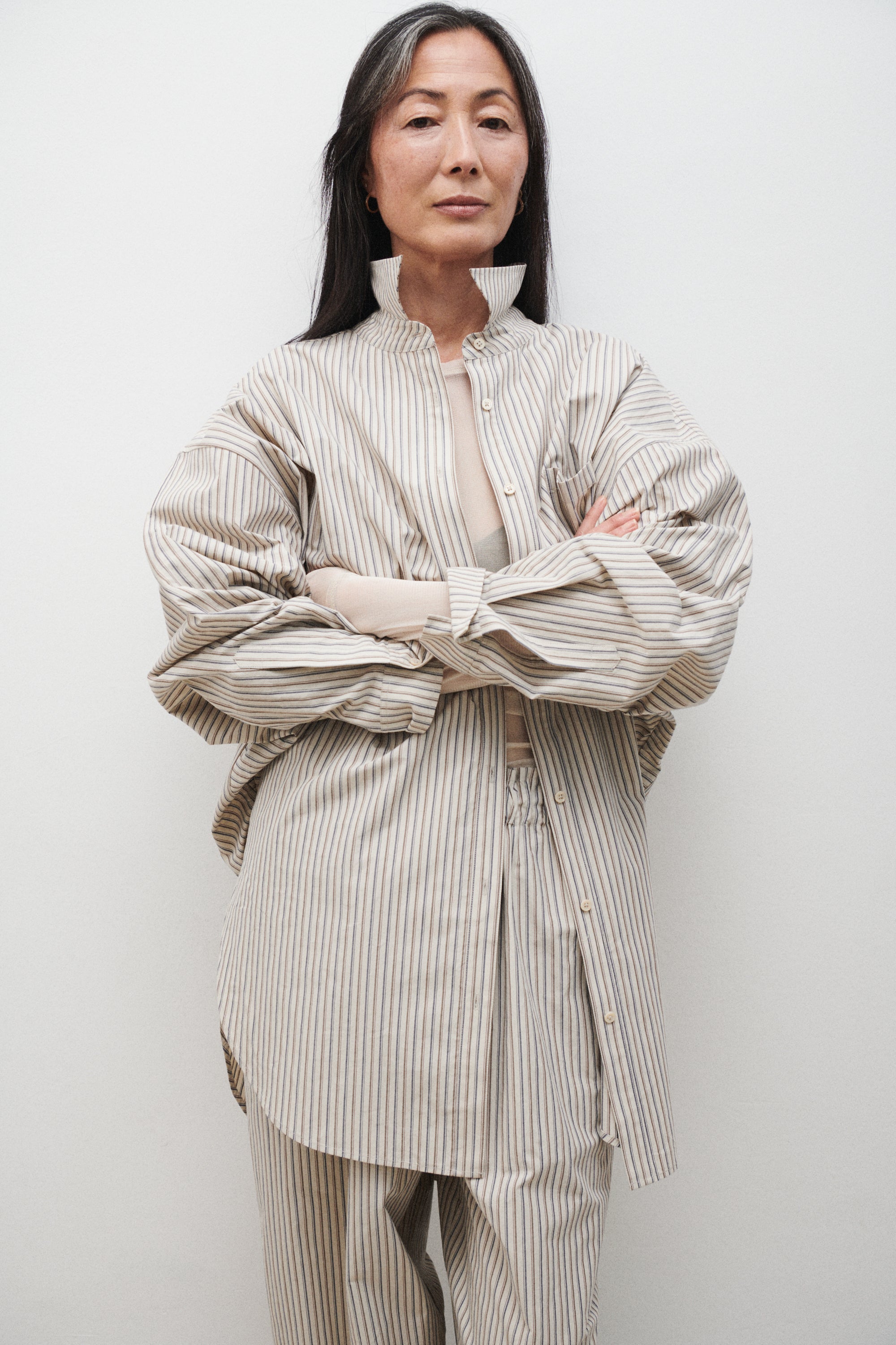 Cotton Round Shirt Slate Stripe